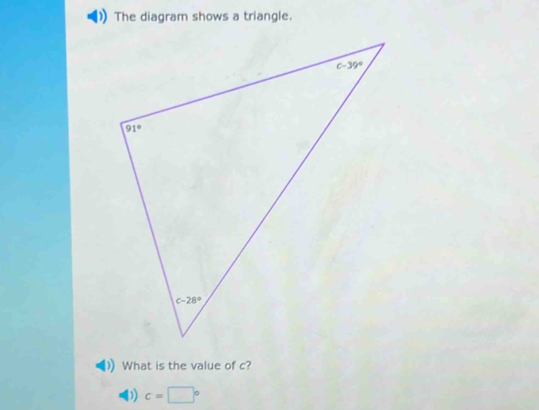 the diagram shows a triangle. what is the value of c? c = □°