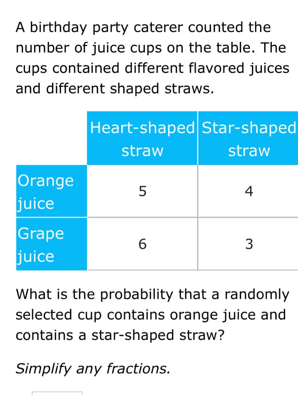a birthday party caterer counted the number of juice cups on the table. the cups contained different flavored juices and different shaped straws.\n| |heart - shaped straw|star - shaped straw|\n|--|--|--|\n|orange juice|5|4|\n|grape juice|6|3|\nwhat is the probability that a randomly selected cup contains orange juice and contains a star - shaped straw?\nsimplify any fractions.