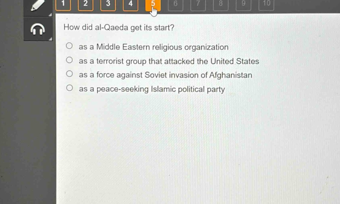 how did al - qaeda get its start?\no as a middle eastern religious organization\no as a terrorist group that attacked the united states\no as a force against soviet invasion of afghanistan\no as a peace - seeking islamic political party