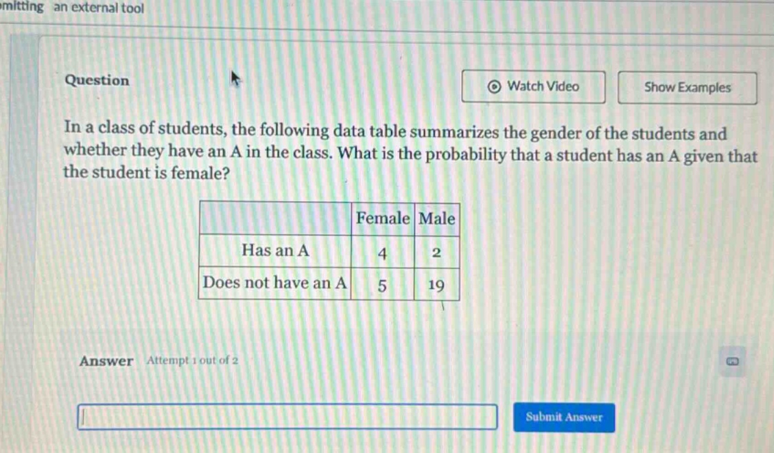 in a class of students, the following data table summarizes the gender of the students and whether they have an a in the class. what is the probability that a student has an a given that the student is female?\n| |female|male|\n|--|--|--|\n|has an a|4|2|\n|does not have an a|5|19|\nanswer attempt 1 out of 2