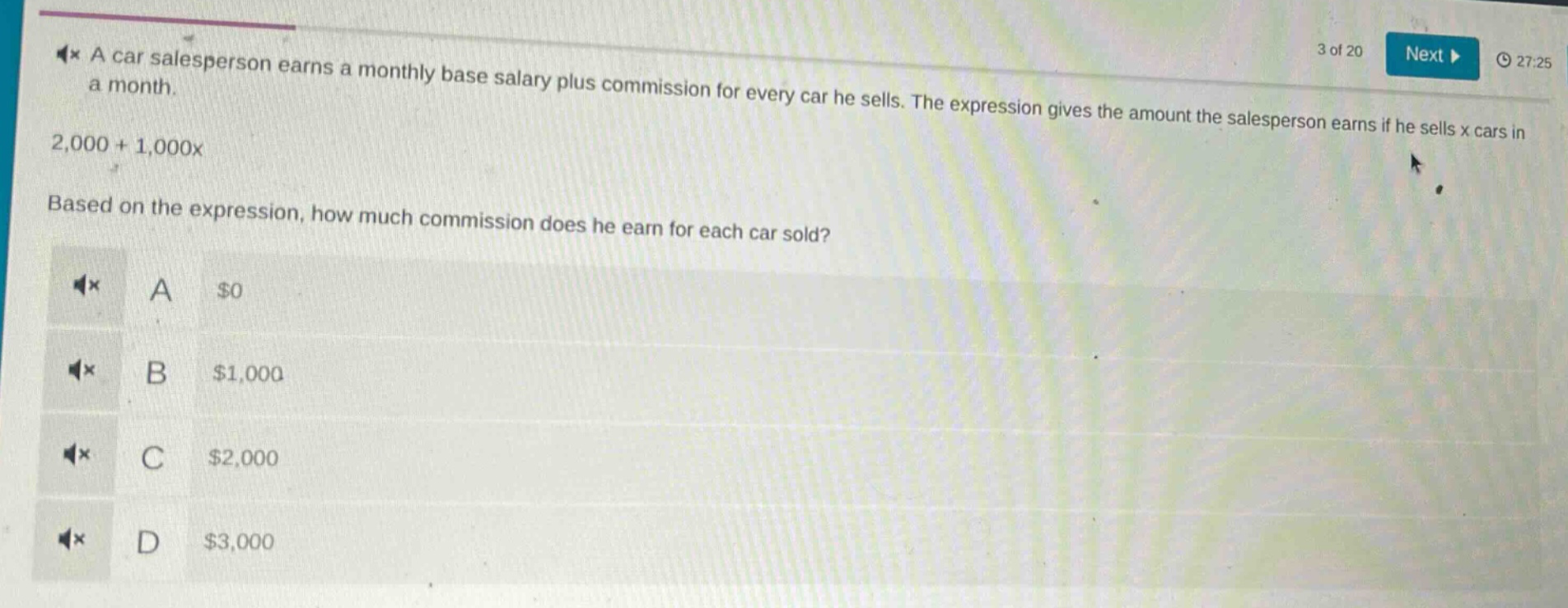 a car salesperson earns a monthly base salary plus commission for every car he sells. the expression gives the amount the salesperson earns if he sells x cars in a month.\n2,000 + 1,000x\nbased on the expression, how much commission does he earn for each car sold?\na $0\nb $1,000\nc $2,000\nd $3,000