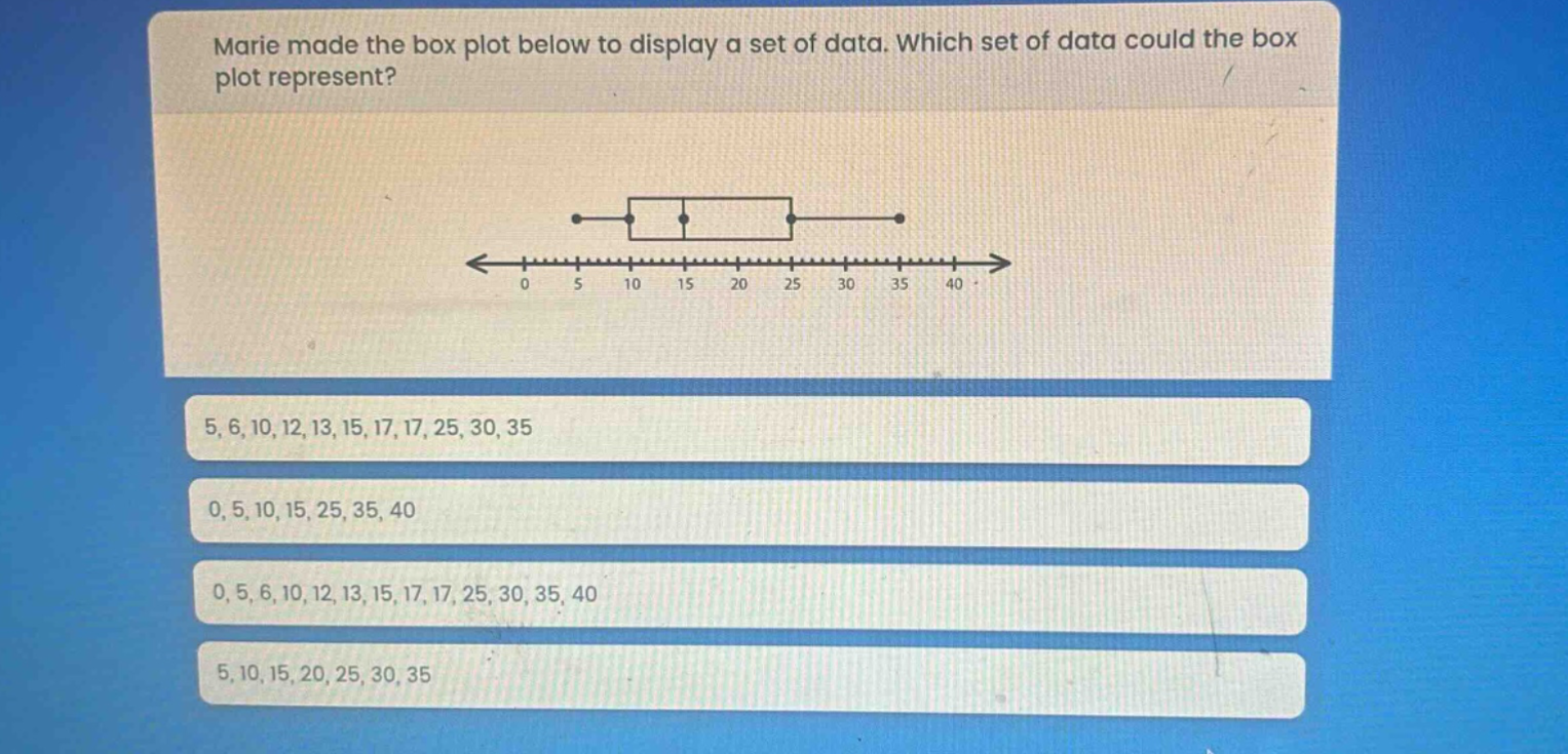 marie made the box plot below to display a set of data. which set of data could the box plot represent? 5, 6, 10, 12, 13, 15, 17, 17, 25, 30, 35 0, 5, 10, 15, 25, 35, 40 0, 5, 6, 10, 12, 13, 15, 17, 17, 25, 30, 35, 40 5, 10, 15, 20, 25, 30, 35