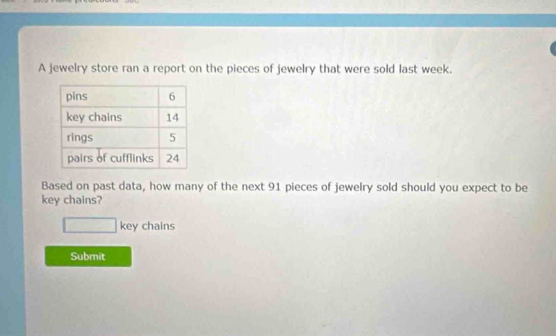 a jewelry store ran a report on the pieces of jewelry that were sold last week.\npins 6\nkey chains 14\nrings 5\npairs of cufflinks 24\nbased on past data, how many of the next 91 pieces of jewelry sold should you expect to be key chains?\nkey chains