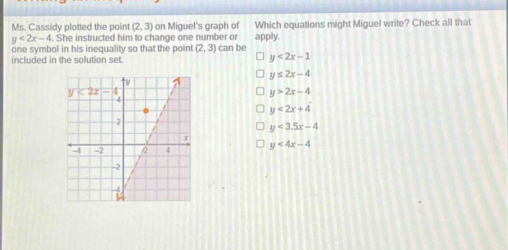 ms. cassidy plotted the point (2, 3) on miguels graph of y < 2x - 4. she instructed him to change one number or one symbol in his inequality so that the point (2, 3) can be included in the solution set. which equations might miguel write? check all that apply. y < 2x - 1 y ≤ 2x - 4 y > 2x - 4 y < 2x + 4 y < 3.5x - 4 y < 4x - 4
