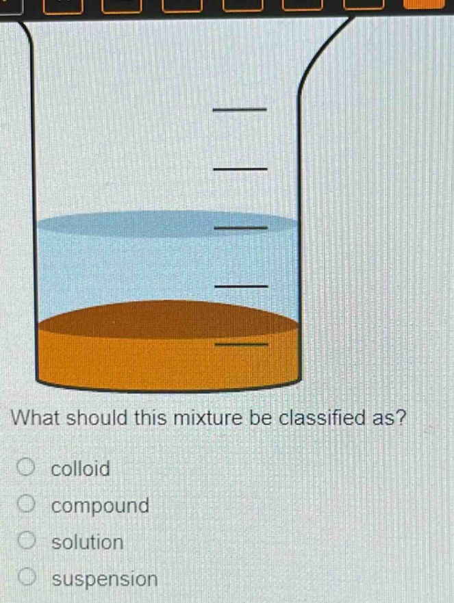 what should this mixture be classified as?\ncolloid\ncompound\nsolution\nsuspension