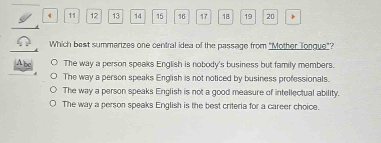 which best summarizes one central idea of the passage from \mother tongue\?\nthe way a person speaks english is nobody’s business but family members.\nthe way a person speaks english is not noticed by business professionals.\nthe way a person speaks english is not a good measure of intellectual ability.\nthe way a person speaks english is the best criteria for a career choice.