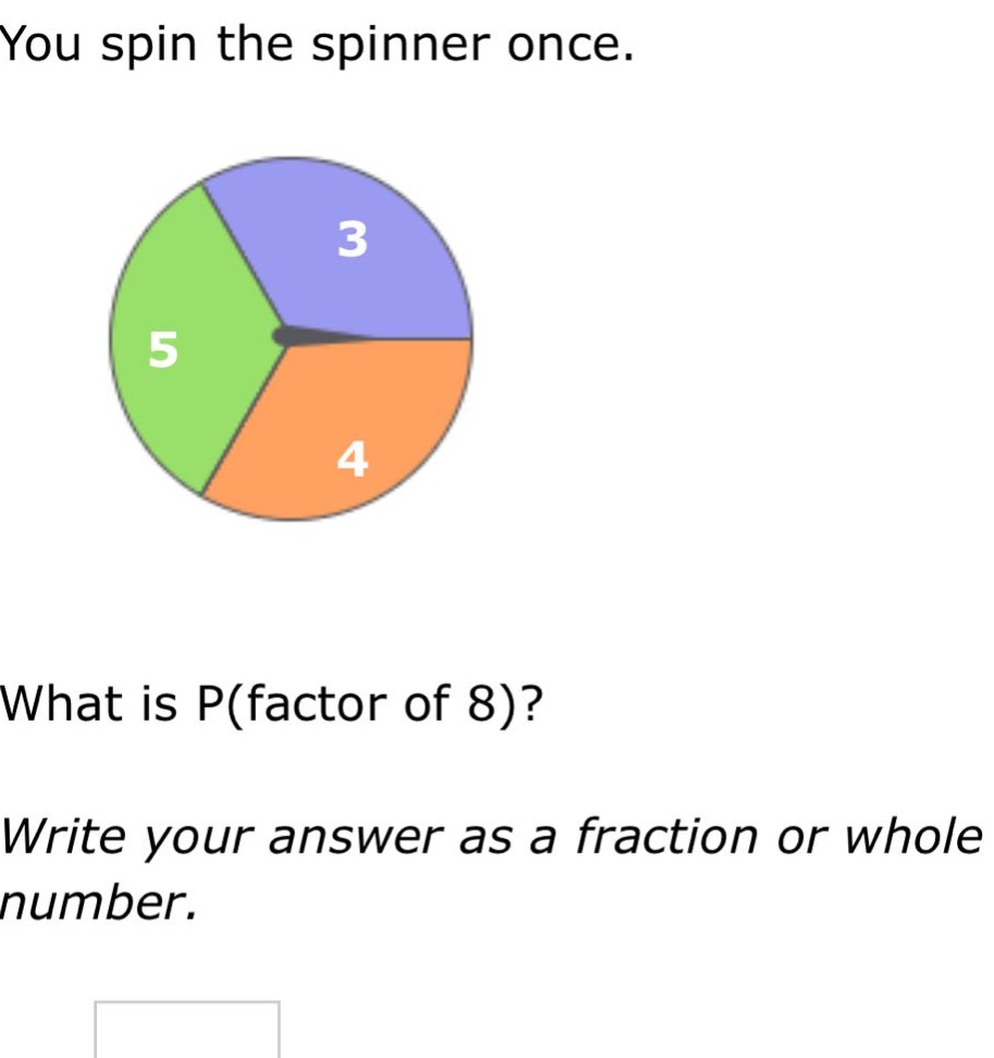 you spin the spinner once. what is p(factor of 8)? write your answer as a fraction or whole number.