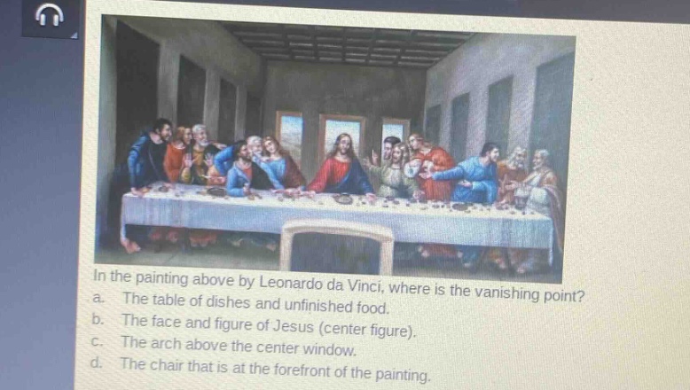 in the painting above by leonardo da vinci, where is the vanishing point?\na. the table of dishes and unfinished food.\nb. the face and figure of jesus (center figure).\nc. the arch above the center window.\nd. the chair that is at the forefront of the painting.