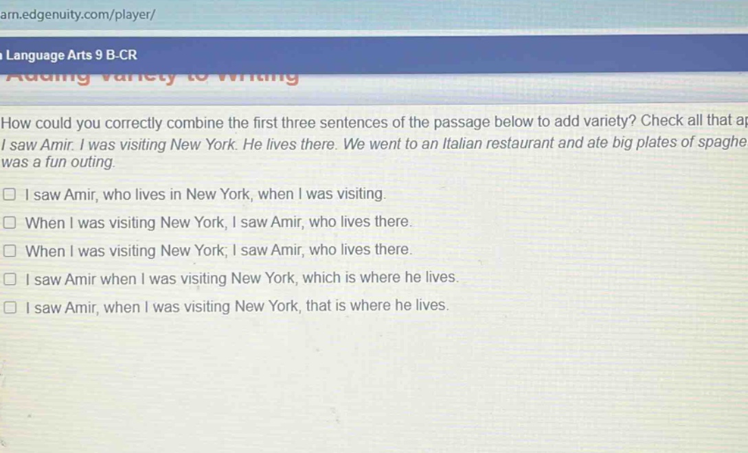how could you correctly combine the first three sentences of the passage below to add variety? check all that apply. i saw amir. i was visiting new york. he lives there. we went to an italian restaurant and ate big plates of spaghetti. it was a fun outing. \n□ i saw amir, who lives in new york, when i was visiting.\n□ when i was visiting new york, i saw amir, who lives there.\n□ when i was visiting new york; i saw amir, who lives there.\n□ i saw amir when i was visiting new york, which is where he lives.\n□ i saw amir, when i was visiting new york, that is where he lives.