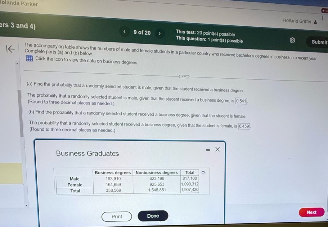 the accompanying table shows the numbers of male and female students in a particular country who received bachelors degrees in business in a recent year. complete parts (a) and (b) below. click the icon to view the data on business degrees. (a) find the probability that a randomly selected student is male, given that the student received a business degree. the probability that a randomly selected student is male, given that the student received a business degree, is 0.541. (round to three decimal places as needed.) (b) find the probability that a randomly selected student received a business degree, given that the student is female. the probability that a randomly selected student received a business degree, given that the student is female, is 0.459. (round to three decimal places as needed.) business graduates business degrees non - business degrees total male 193,910 623,198 817,108 female 164,659 925,653 1,090,312 total 358,569 1,548,851 1,907,420