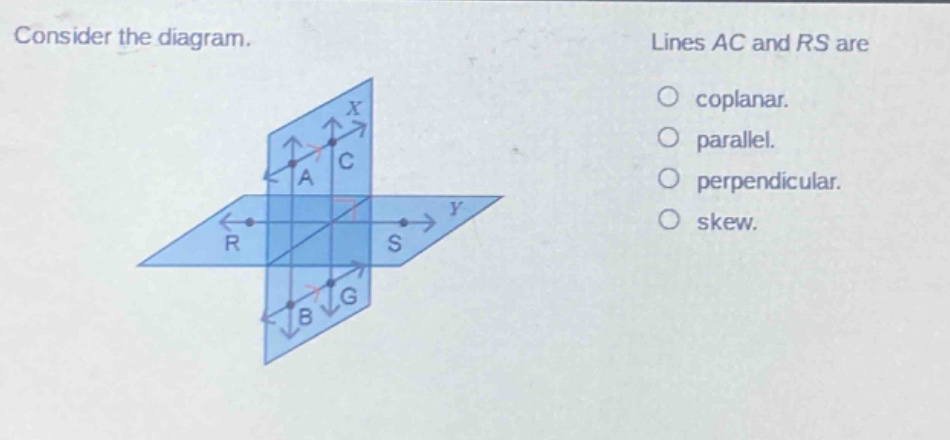 consider the diagram. lines ac and rs are\no coplanar.\no parallel.\no perpendicular.\no skew.