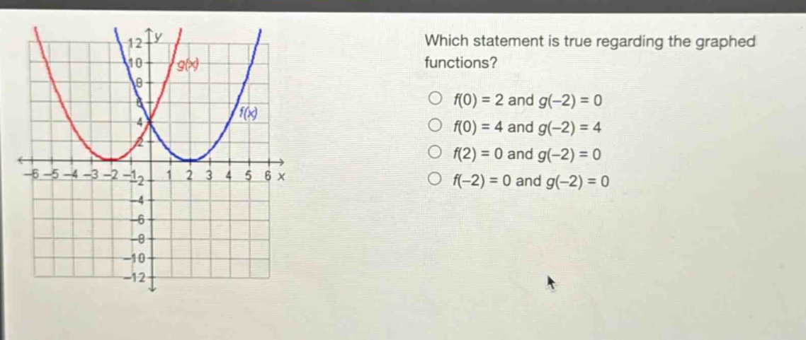which statement is true regarding the graphed functions?\n○ f(0) = 2 and g(-2) = 0\n○ f(0) = 4 and g(-2) = 4\n○ f(2) = 0 and g(-2) = 0\n○ f(-2) = 0 and g(-2) = 0
