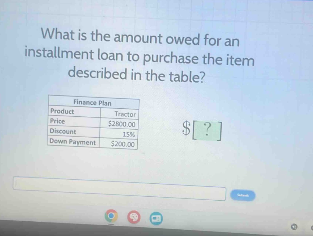 what is the amount owed for an installment loan to purchase the item described in the table?\nfinance plan\nproduct: tractor\nprice: $2800.00\ndiscount: 15%\ndown payment: $200.00