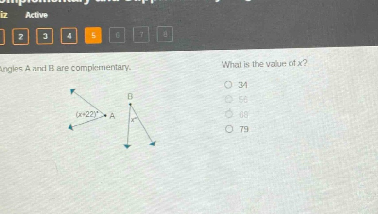 angles a and b are complementary. what is the value of x? (x + 22)° a b x° 34 56 68 79