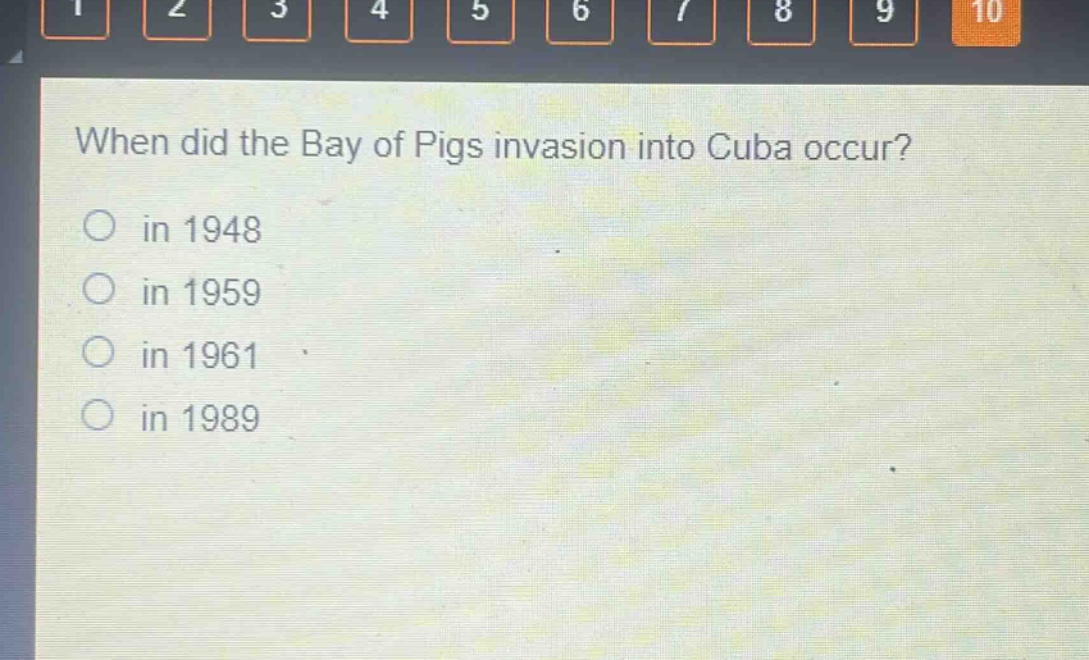 when did the bay of pigs invasion into cuba occur?\no in 1948\no in 1959\no in 1961\no in 1989