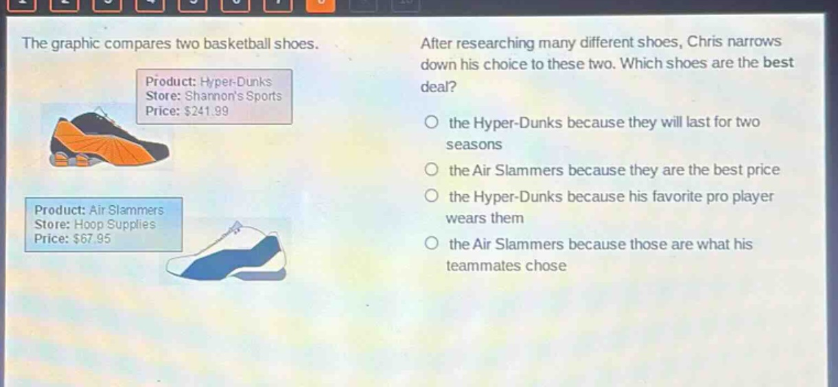 the graphic compares two basketball shoes. after researching many different shoes, chris narrows down his choice to these two. which shoes are the best deal? product: hyper - dunks store: shannons sports price: $241.99 product: air slammers store: hoop supplies price: $67.95 the hyper - dunks because they will last for two seasons the air slammers because they are the best price the hyper - dunks because his favorite pro player wears them the air slammers because those are what his teammates chose