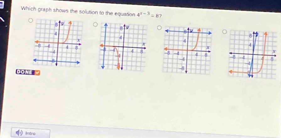 which graph shows the solution to the equation 4^{x - 3}=8?