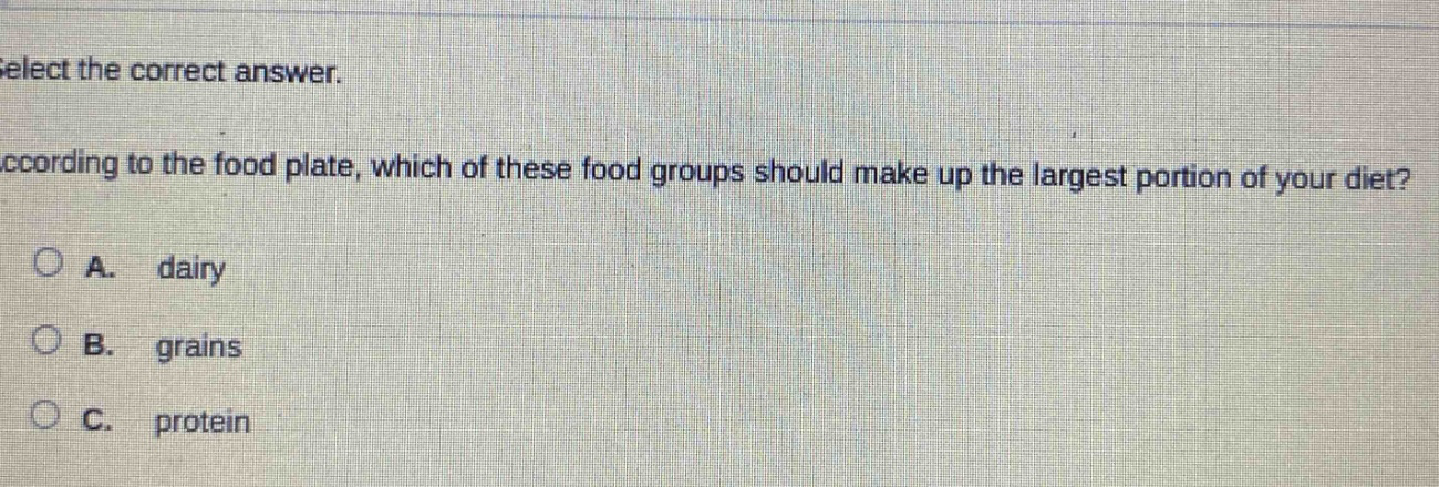 select the correct answer. according to the food plate, which of these food groups should make up the largest portion of your diet?\na. dairy\nb. grains\nc. protein