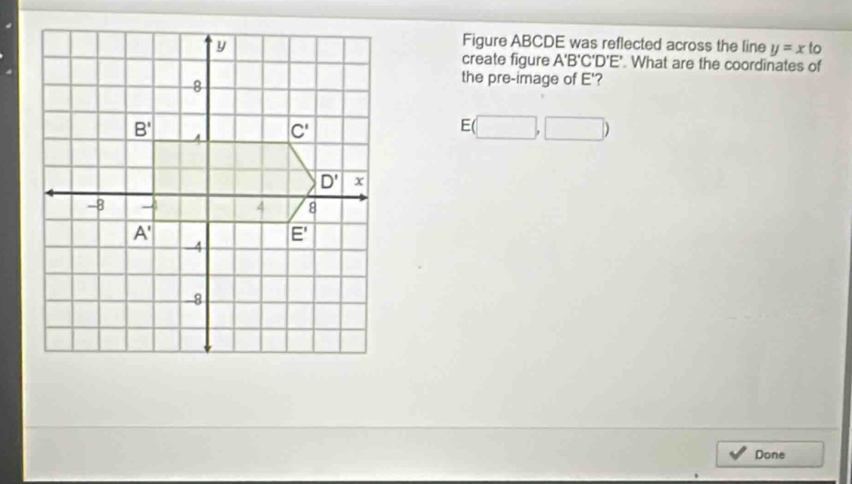 figure abcde was reflected across the line y = x to create figure abcde. what are the coordinates of the pre - image of e? e( , )