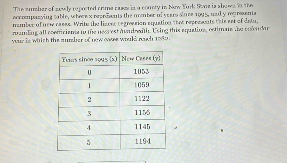 the number of newly reported crime cases in a county in new york state is shown in the accompanying table, where x represents the number of years since 1995, and y represents number of new cases. write the linear regression equation that represents this set of data, rounding all coefficients to the nearest hundredth. using this equation, estimate the calendar year in which the number of new cases would reach 1282.\n\n|years since 1995 (x)|new cases (y)|\n|----|----|\n|0|1053|\n|1|1059|\n|2|1122|\n|3|1156|\n|4|1145|\n|5|1194|