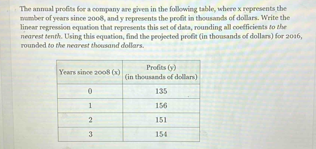 the annual profits for a company are given in the following table, where x represents the number of years since 2008, and y represents the profit in thousands of dollars. write the linear regression equation that represents this set of data, rounding all coefficients to the nearest tenth. using this equation, find the projected profit (in thousands of dollars) for 2016, rounded to the nearest thousand dollars.\n\n| years since 2008 (x) | profits (y) (in thousands of dollars) |\n| ---- | ---- |\n| 0 | 135 |\n| 1 | 156 |\n| 2 | 151 |\n| 3 | 154 |