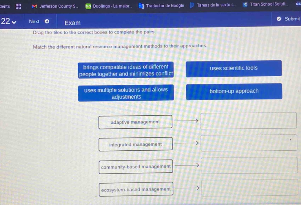 drag the tiles to the correct boxes to complete the pairs. match the different natural resource management methods to their approaches. brings compatible ideas of different people together and minimizes conflict uses scientific tools uses multiple solutions and allows adjustments bottom - up approach adaptive management integrated management community - based management ecosystem - based management