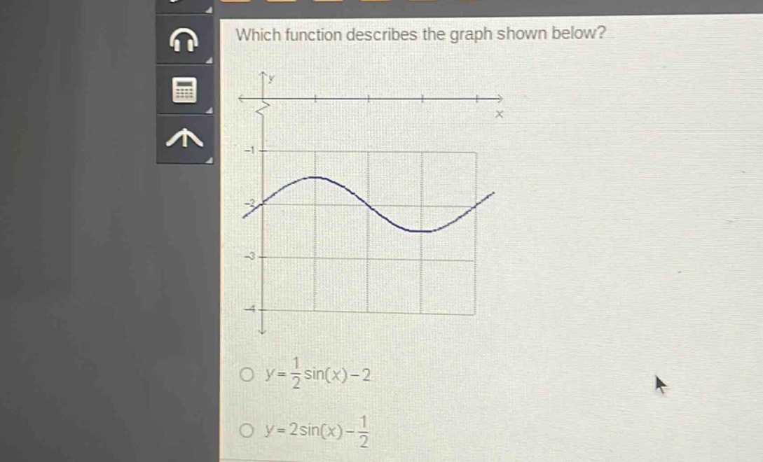 which function describes the graph shown below?\no $y = \\frac{1}{2}\\sin(x)-2$\no $y = 2\\sin(x)-\\frac{1}{2}$