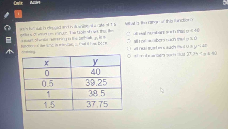 rajs bathtub is clogged and is draining at a rate of 1.5 gallons of water per minute. the table shows that the amount of water remaining in the bathtub, y, is a function of the time in minutes, x, that it has been draining. what is the range of this function? all real numbers such that y ≤ 40 all real numbers such that y ≥ 0 all real numbers such that 0 ≤ y ≤ 40 all real numbers such that 37.75 ≤ y ≤ 40\n|x|y|\n|0|40|\n|0.5|39.25|\n|1|38.5|\n|1.5|37.75|