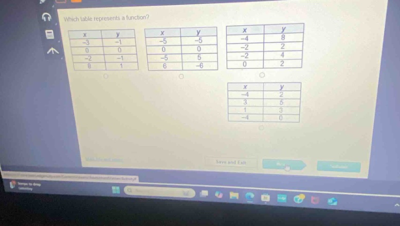 which table represents a function?\n| x | y |\n| -3 | -1 |\n| 0 | 0 |\n| -2 | -1 |\n| 8 | 1 |\n| x | y |\n| -5 | -5 |\n| 0 | 0 |\n| -5 | 5 |\n| 6 | -6 |\n| x | y |\n| -4 | 8 |\n| -2 | 2 |\n| -2 | 4 |\n| 0 | 2 |\n| x | y |\n| -4 | 2 |\n| 3 | 5 |\n| 1 | 3 |\n| -4 | 0 |