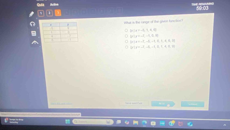 what is the range of the given function?\no {x|x = -5, 1, 4, 6}\no {y|y = -7, -1, 0, 9}\no {x|x = -7, -5, -1, 0, 1, 4, 6, 9}\no {y|y = -7, -5, -1, 0, 1, 4, 6, 9}