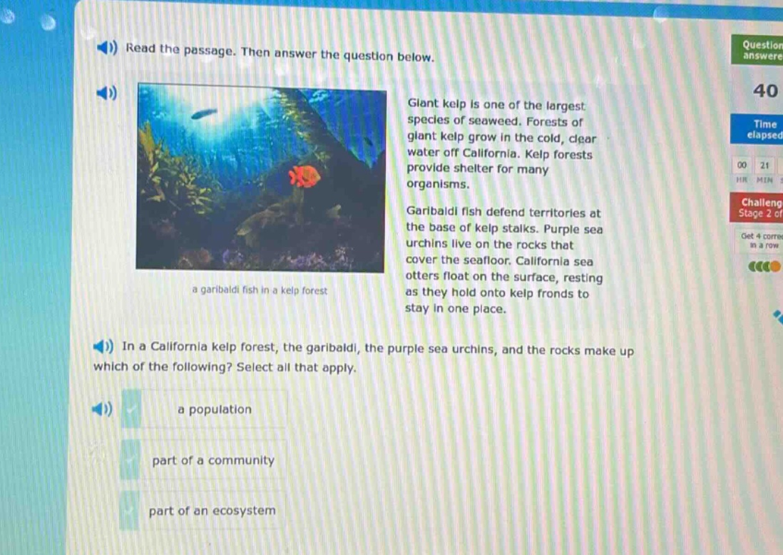 read the passage. then answer the question below. giant kelp is one of the largest species of seaweed. forests of giant kelp grow in the cold, clear water off california. kelp forests provide shelter for many organisms. garibaldi fish defend territories at the base of kelp stalks. purple sea urchins live on the rocks that cover the seafloor. california sea otters float on the surface, resting as they hold onto kelp fronds to stay in one place. in a california kelp forest, the garibaldi, the purple sea urchins, and the rocks make up which of the following? select all that apply. a population part of a community part of an ecosystem