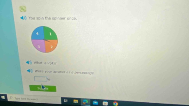 you spin the spinner once. what is p(4)? write your answer as a percentage.