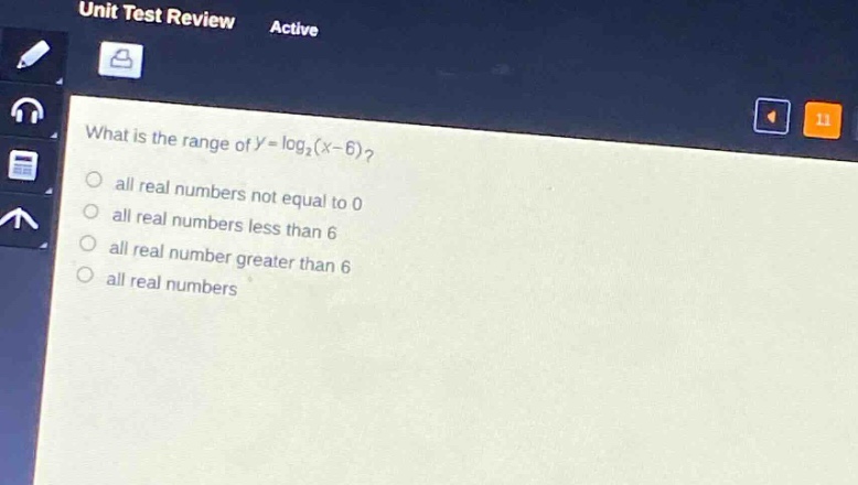 what is the range of $y = \\log_2(x - 6)$?\nall real numbers not equal to 0\nall real numbers less than 6\nall real number greater than 6\nall real numbers