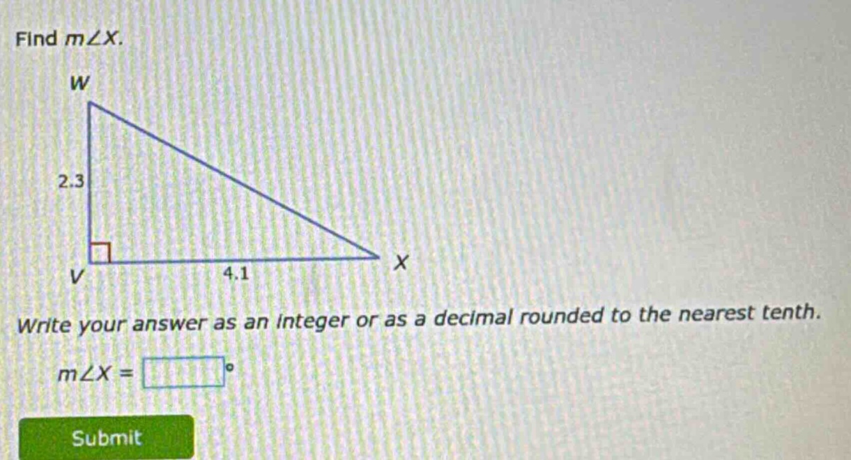 find m∠x.\nwrite your answer as an integer or as a decimal rounded to the nearest tenth.\nm∠x = □°