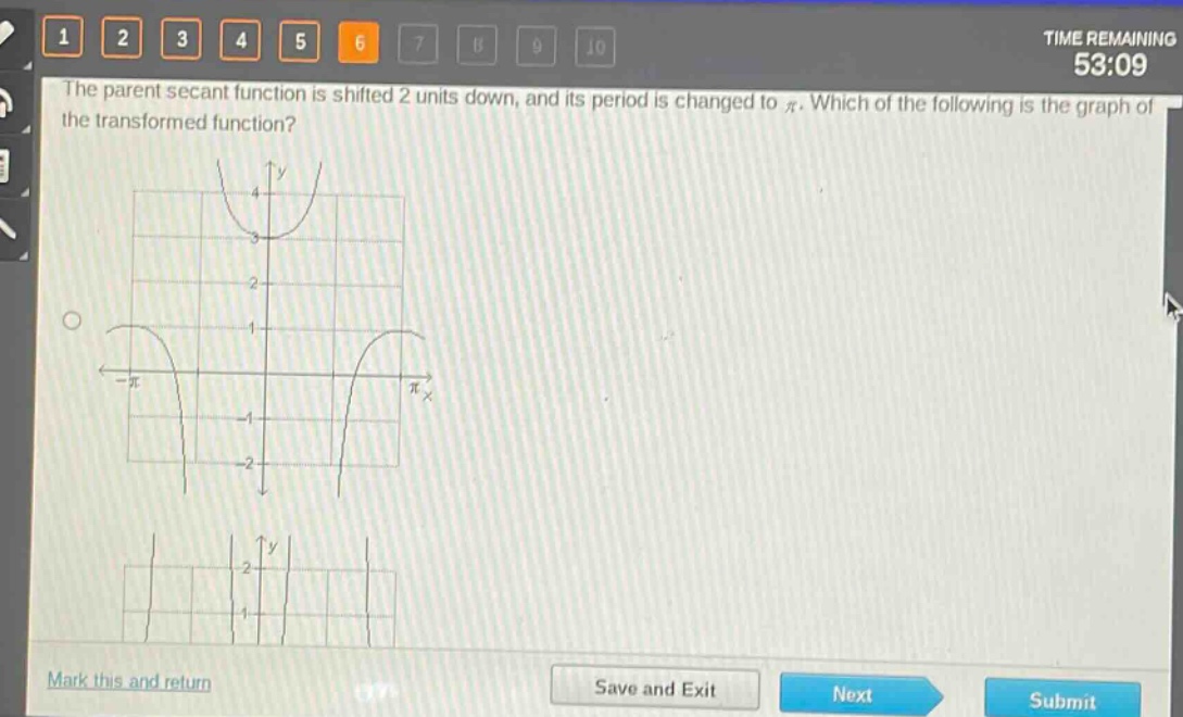 the parent secant function is shifted 2 units down, and its period is changed to $pi$. which of the following is the graph of the transformed function?