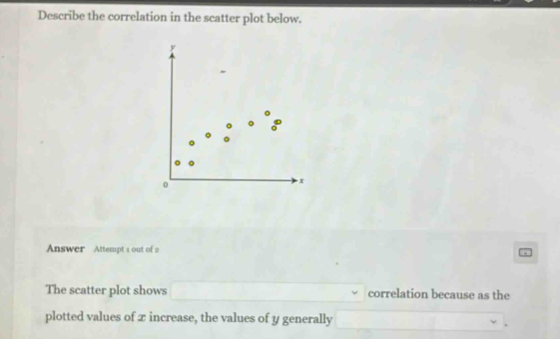 describe the correlation in the scatter plot below.\nanswer attempt 1 out of 2\nthe scatter plot shows correlation because as the plotted values of x increase, the values of y generally