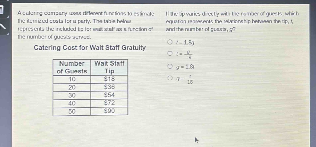 a catering company uses different functions to estimate the itemized costs for a party. the table below represents the included tip for wait staff as a function of the number of guests served.\ncatering cost for wait staff gratuity\n| number of guests | wait staff tip |\n| ---- | ---- |\n| 10 | $18 |\n| 20 | $36 |\n| 30 | $54 |\n| 40 | $72 |\n| 50 | $90 |\nif the tip varies directly with the number of guests, which equation represents the relationship between the tip, t, and the number of guests, g?\n○ t = 1.8g\n○ t = \\frac{g}{18}\n○ g = 1.8t\n○ g = \\frac{t}{18}