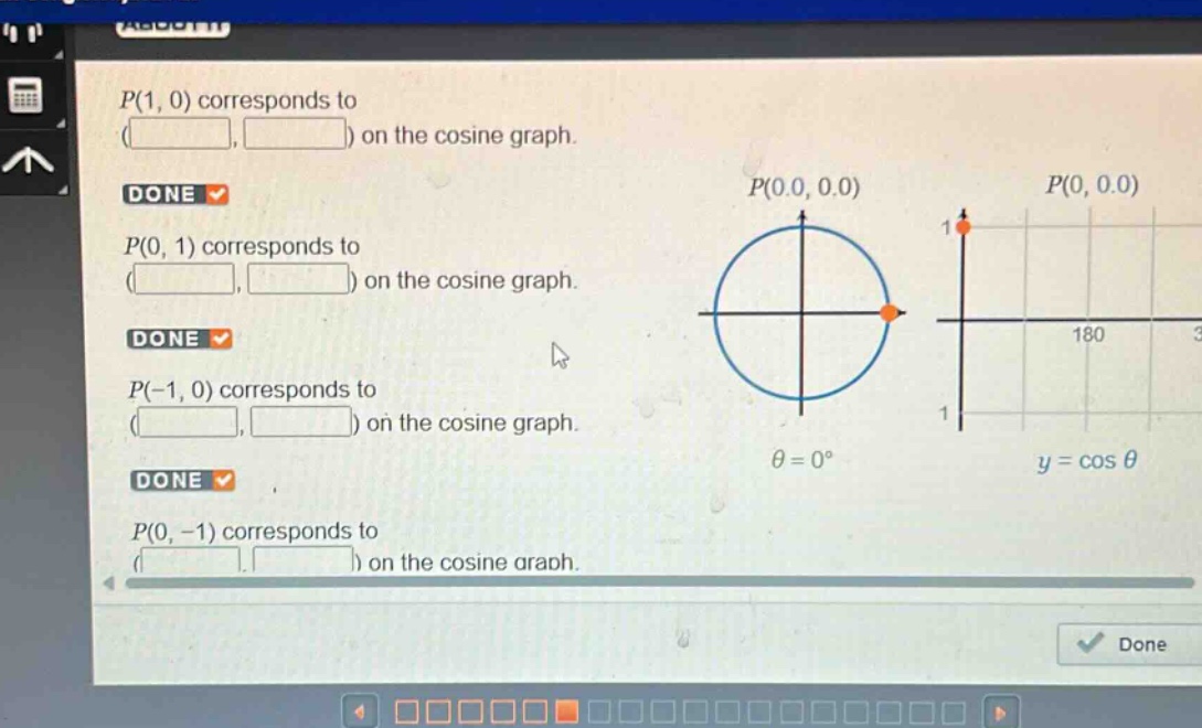 p(1, 0) corresponds to ( ) on the cosine graph. done p(0, 1) corresponds to ( ) on the cosine graph. done p(-1, 0) corresponds to ( ) on the cosine graph. done p(0, -1) corresponds to ( ) on the cosine graph.