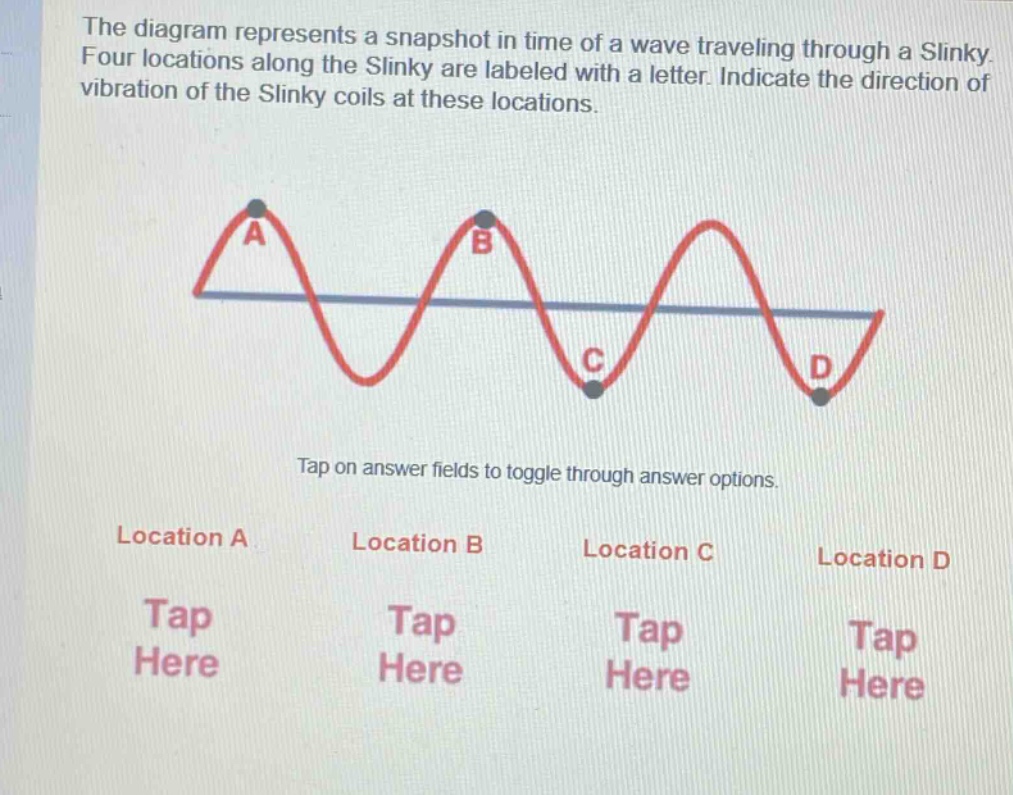 the diagram represents a snapshot in time of a wave traveling through a slinky. four locations along the slinky are labeled with a letter. indicate the direction of vibration of the slinky coils at these locations. tap on answer fields to toggle through answer options. location a tap here location b tap here location c tap here location d tap here
