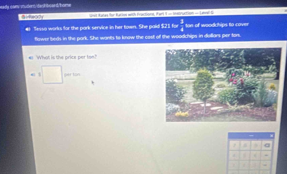 tessa works for the park service in her town. she paid $21 for $\frac{3}{4}$ ton of woodchips to cover flower beds in the park. she wants to know the cost of the woodchips in dollars per ton. what is the price per ton? $ per ton