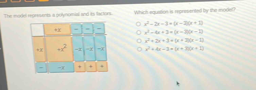 the model represents a polynomial and its factors. which equation is represented by the model? o $x^{2}-2x - 3=(x - 3)(x + 1)$ o $x^{2}-4x + 3=(x - 3)(x - 1)$ o $x^{2}+2x + 3=(x + 3)(x - 1)$ o $x^{2}+4x - 3=(x + 3)(x + 1)$