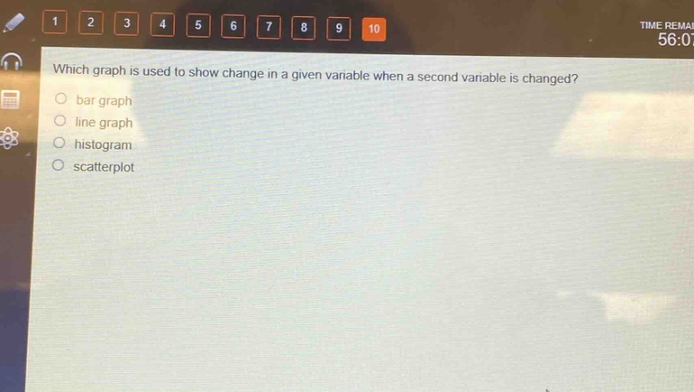 which graph is used to show change in a given variable when a second variable is changed?\nbar graph\nline graph\nhistogram\nscatterplot