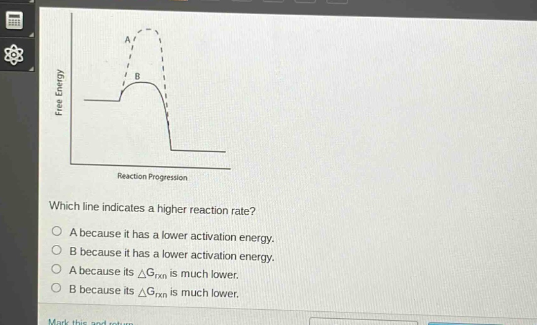 which line indicates a higher reaction rate?\na because it has a lower activation energy.\nb because it has a lower activation energy.\na because its $delta g_{rxn}$ is much lower.\nb because its $delta g_{rxn}$ is much lower.
