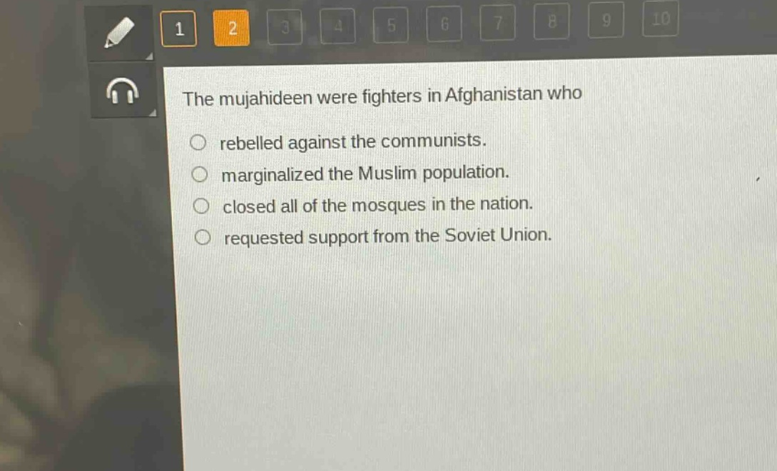 the mujahideen were fighters in afghanistan who\n○ rebelled against the communists.\n○ marginalized the muslim population.\n○ closed all of the mosques in the nation.\n○ requested support from the soviet union.