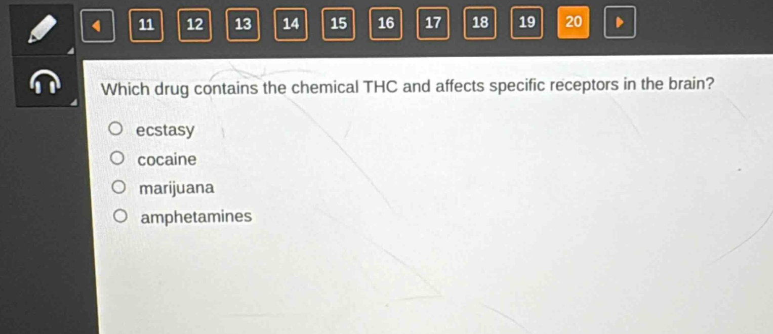 which drug contains the chemical thc and affects specific receptors in the brain?\necstasy\ncocaine\nmarijuana\namphetamines