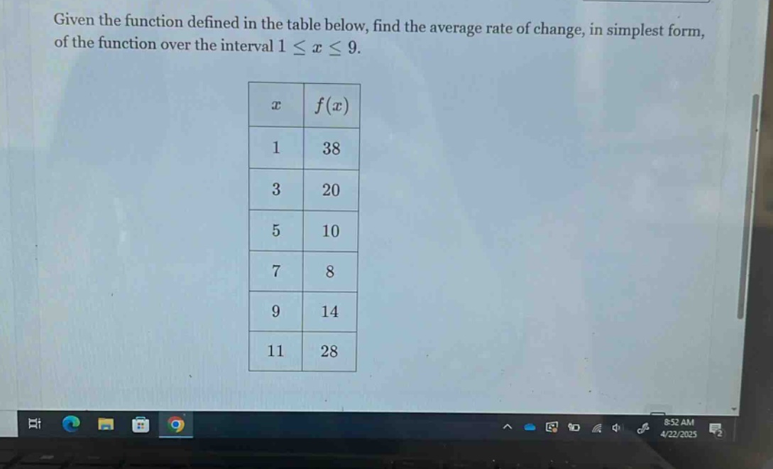 given the function defined in the table below, find the average rate of change, in simplest form, of the function over the interval 1 ≤ x ≤ 9.\n| x | f(x) |\n|----|----|\n| 1 | 38 |\n| 3 | 20 |\n| 5 | 10 |\n| 7 | 8 |\n| 9 | 14 |\n| 11 | 28 |