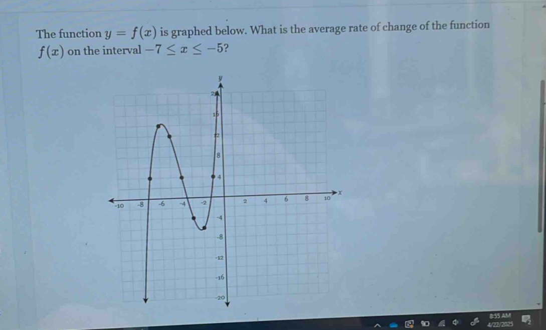 the function y = f(x) is graphed below. what is the average rate of change of the function f(x) on the interval -7 ≤ x ≤ -5?