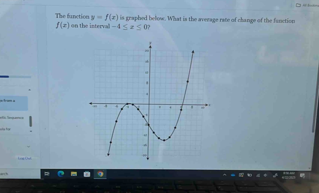 the function y = f(x) is graphed below. what is the average rate of change of the function f(x) on the interval -4 ≤ x ≤ 0?