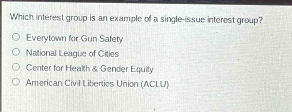 which interest group is an example of a single - issue interest group?\n○ everytown for gun safety\n○ national league of cities\n○ center for health & gender equity\n○ american civil liberties union (aclu)