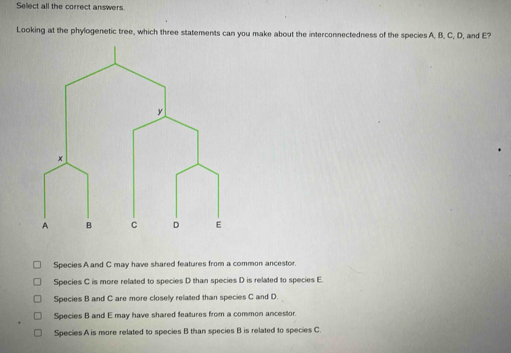 select all the correct answers. looking at the phylogenetic tree, which three statements can you make about the interconnectedness of the species a, b, c, d, and e? species a and c may have shared features from a common ancestor. species c is more related to species d than species d is related to species e. species b and c are more closely related than species c and d. species b and e may have shared features from a common ancestor. species a is more related to species b than species b is related to species c.